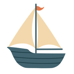 Cartoon sailboat with beige sails and flag. Flat vector illustration in soft marine color style.