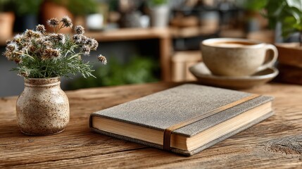 Rustic Still Life Notebook Dried Flowers Coffee Cup on Wooden Table