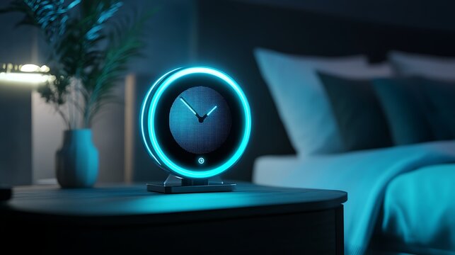 Futuristic Holographic Smart Clock with Glowing Display on a Minimal Nightstand Scene