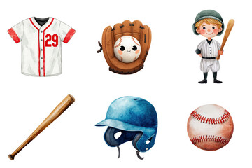 Watercolor Baseball Illustrations Set Jersey Bat Glove Ball Helmet and Player on Transparent Background