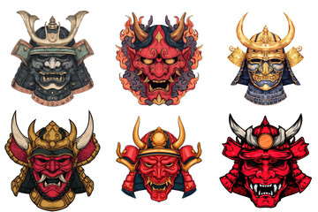 Six detailed illustrations of Japanese samurai helmets and oni masks on transparent background