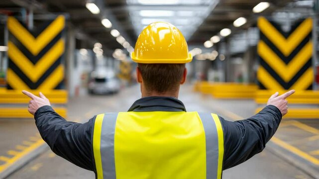 Construction Worker Directing Traffic in Safety Vest and Hard Hat in Industrial Setting