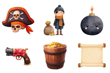 Cartoon pirate skull hat gold coins wooden barrel bomb scroll boy transparent background