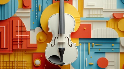 Obraz premium A white violin centrally positioned amidst a vibrant, geometric, abstract background of colorful shapes