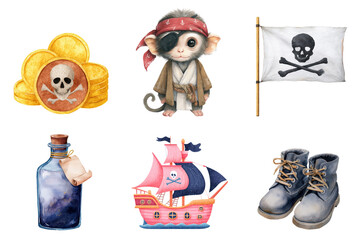 Watercolor Pirate Theme Set Monkey Gold Coins Skull Flag Ship Boots Bottle transparent background