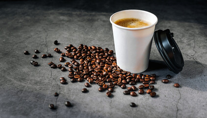 Coffee espresso wite smoke in paper Coffee cup and bean , Fragrant Espresso in  Takeaway paper coffee cup