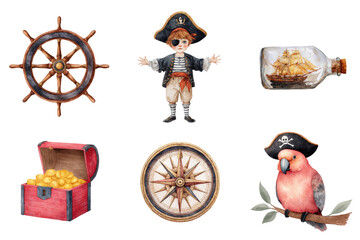 Watercolor Pirate Collection Child Pirate Ship's Wheel Treasure Chest Compass Parrot in Bottle transparent background