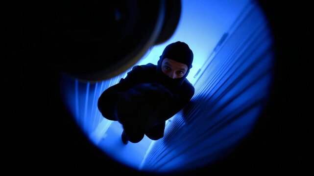 Dark Figure Observing Through Door Peephole Illuminated by Blue Light