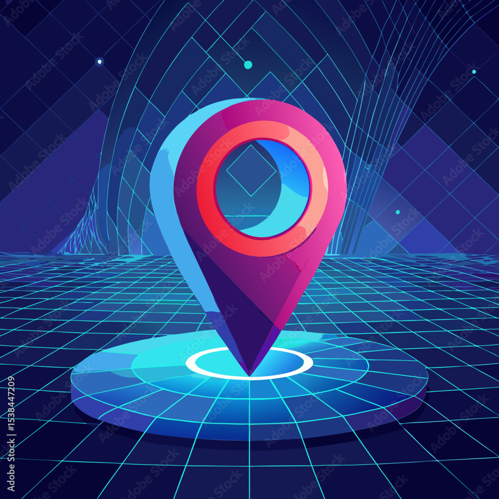 Poster futuristic location pin on a grid with abstract background