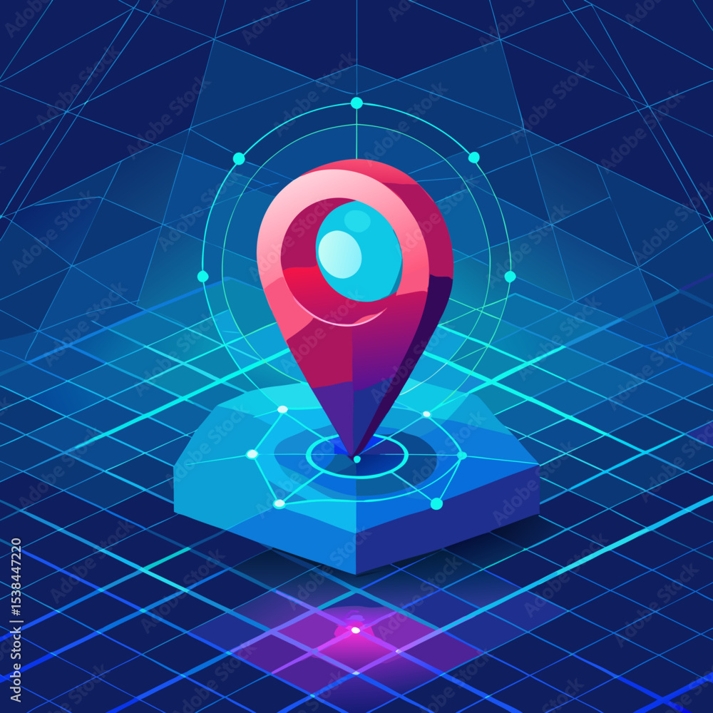 Poster isometric location pin on a digital grid for navigation and technology