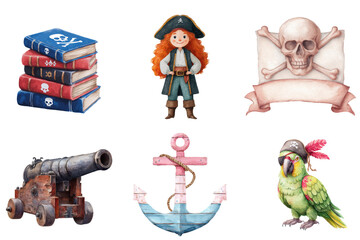 Watercolor Pirate Collection Girl Captain Parrot Cannon Books Skull Transparent Background