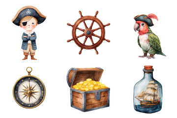 Watercolor Pirate Theme Collection Boy Parrot Ship's Wheel Chest Compass Bottle transparent background