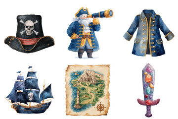Watercolor Pirate Collection Hat Captain Coat Ship Treasure Map Sword transparent background