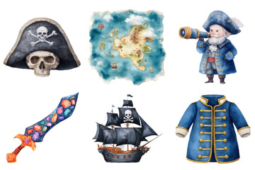Watercolor Pirate Collection Skull Hat Treasure Map Captain Telescope Sword Ship and Jacket on Transparent Background
