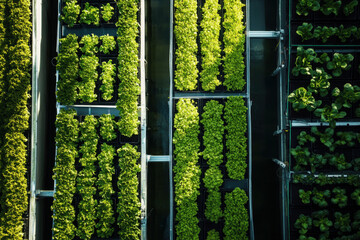 Growing green vegetables in modern hydroponic greenhouse: aerial view of sustainable agriculture