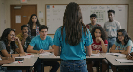 Teen girl leading a school club meeting in classroom with students