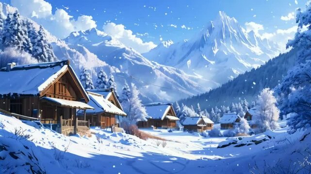Serene Anime Landscape of a Mountain Village with Wooden Cottages and Winter Scenery 4k Wallpaper.