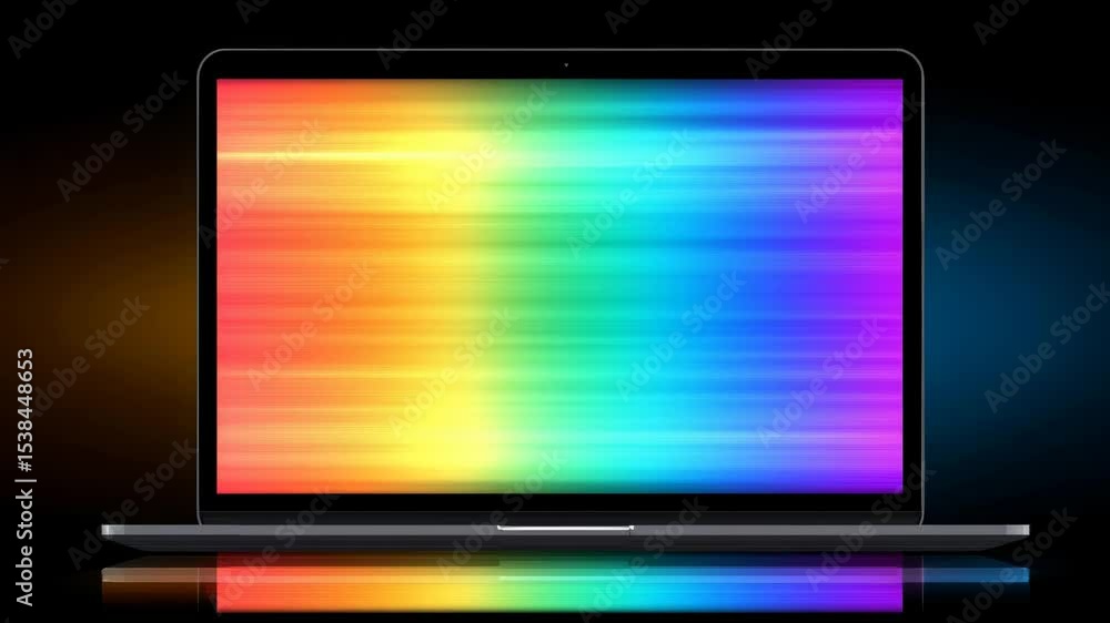 Poster dynamic motion graphic of colorful streaks on laptop screen with dark background
