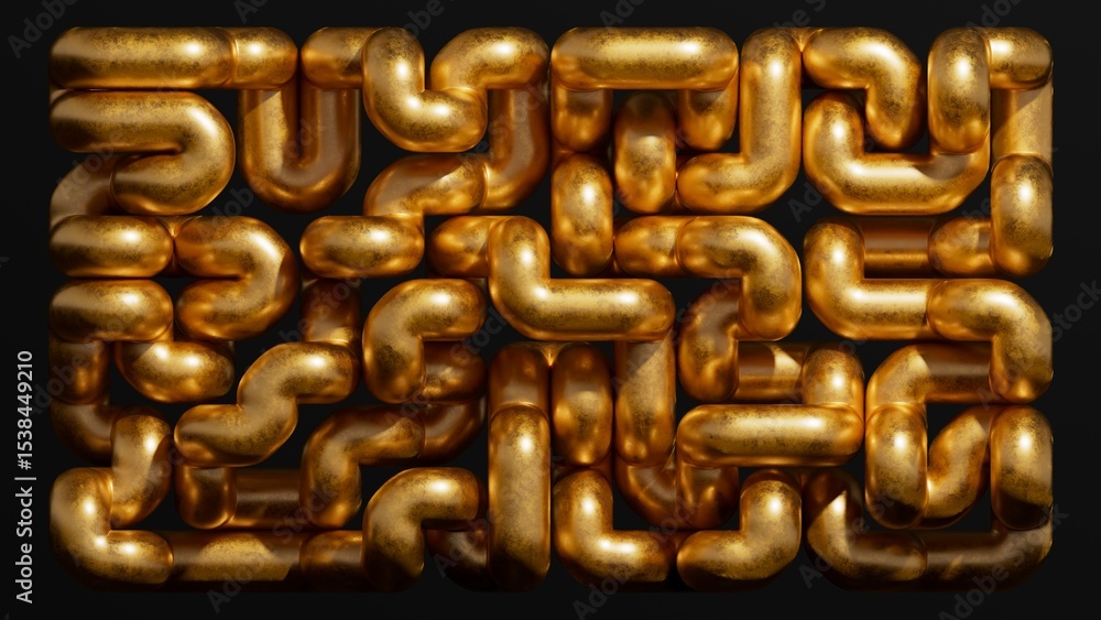 Poster abstract geometric structure of a gold tube. metallic pipeline in the shape of a maze, isolated on b