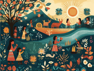 Flat Vector of Indigenous People Living with Nature Showing Farming Storytelling Painting and Caring for the Land with Sun River and Wildlife in a Warm Earthy Palette