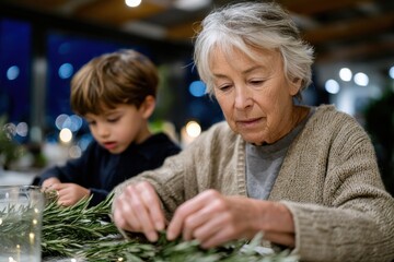 A touching moment as a grandmother meticulously crafts a floral arrangement with her young grandson, emphasizing the beauty of creativity and family bonds.