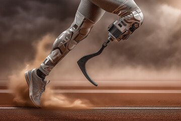 Runner accelerates on track with prosthetic leg, showcasing athleticism and resilience. Dynamic setting emphasizes motion with dust clouds. Concept of sports, fitness, adaptive technology