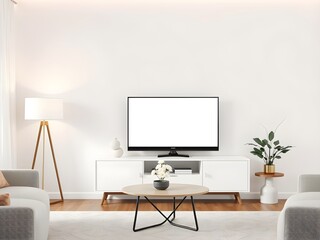 Fototapeta premium Modern Living Room Interior Mockup with TV Cabinet, Lamp, Table, and Indoor Plants