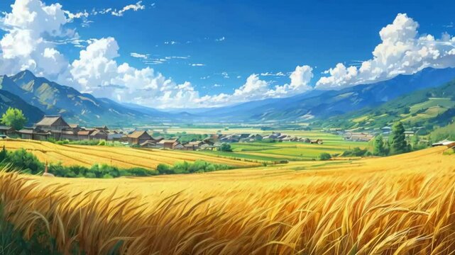 Serene Anime Landscape of Rustic Farmland and Golden Wheat.
