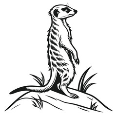 Monochrome meerkat stands attentively upon a mound with sparse vegetation in simple stark linework
