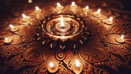 A diya lamp with Rangoli patterns around it, Ai generated image