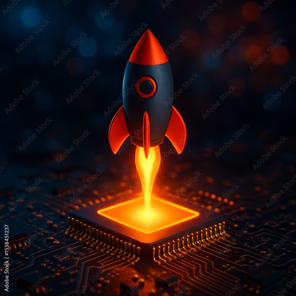 Poster powerful rocket launching from a computer chip symbolizing technological advancement and innovation