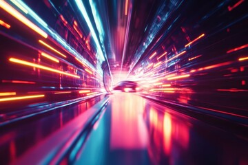 Obraz premium Bright car lights illuminate the road at night, creating a vibrant, dynamic display of color and motion on the urban streets