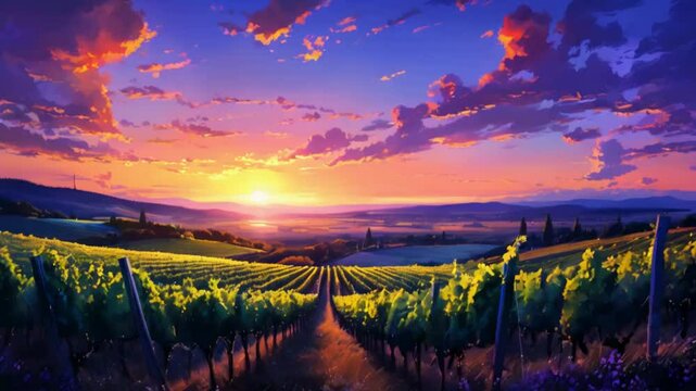 Serene Anime Vineyard Landscape at Sunset with Vibrant Colors 4K Wallpaper.