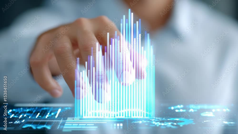 Aufkleber hand interacting with glowing digital graph display showcasing data trends in modern office environm