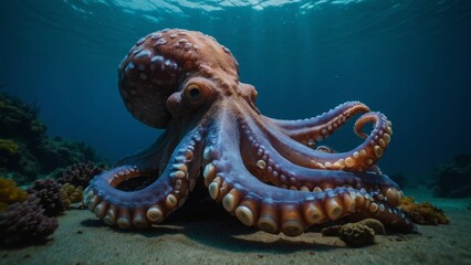 Fototapeta premium Detailed Underwater View of an Octopus on the Ocean Floor with Coral Reef
