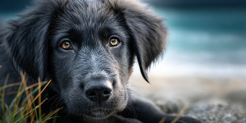 Black puppy resting on a grassy shore near the beach with ocean in the background during a calm afternoon