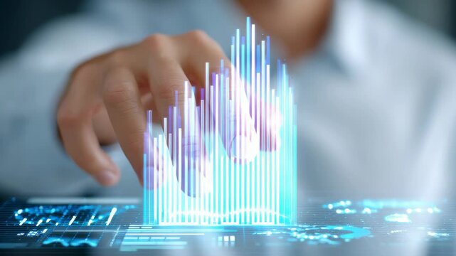Hand Interacting With Glowing Digital Graph Display Showcasing Data Trends In Modern Office Environment