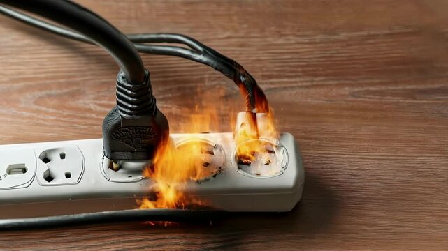 Dangerous Electrical Fire Igniting from a Power Strip on a Wooden Floor, Showing Overload Risk.