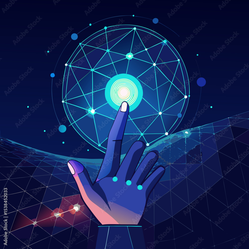 Poster human hand interacting with futuristic digital interface connecting to global network