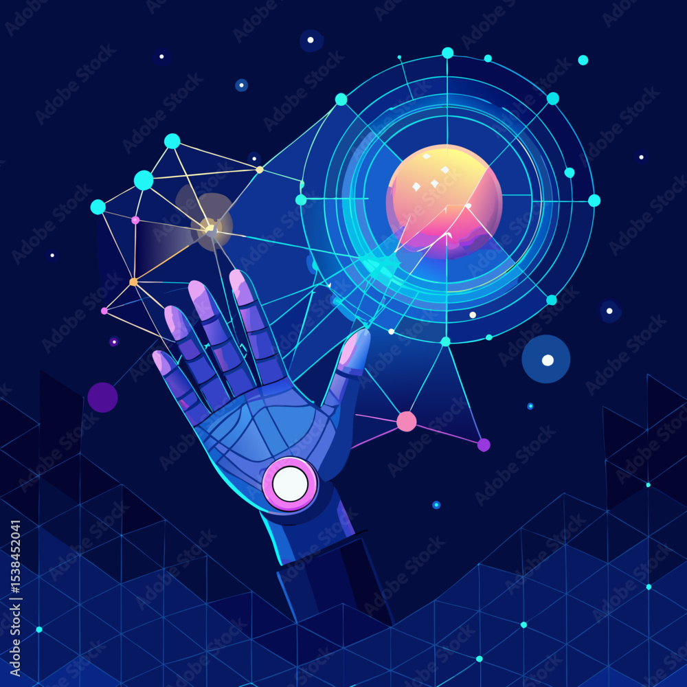 Poster futuristic robot hand interacting with digital network and glowing planet
