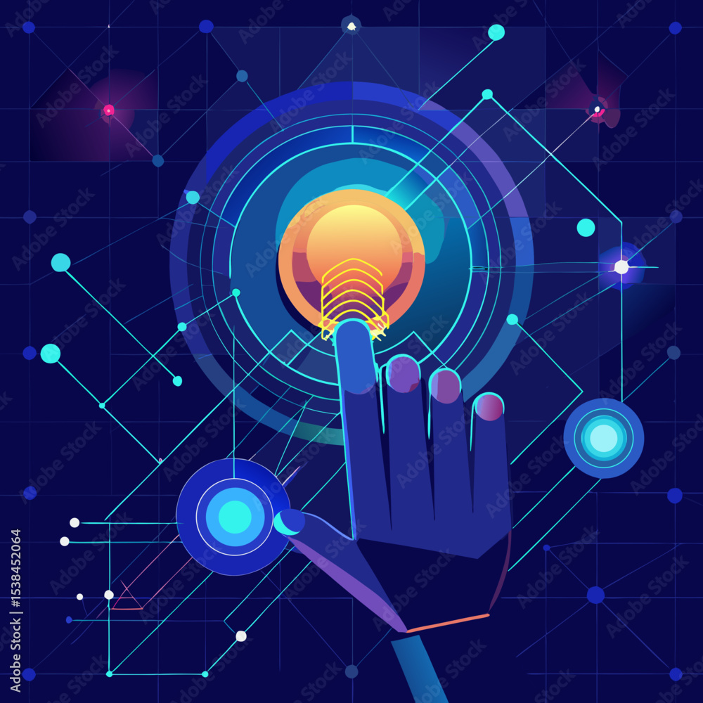 Poster futuristic technology interface with hand touching a glowing button on a network