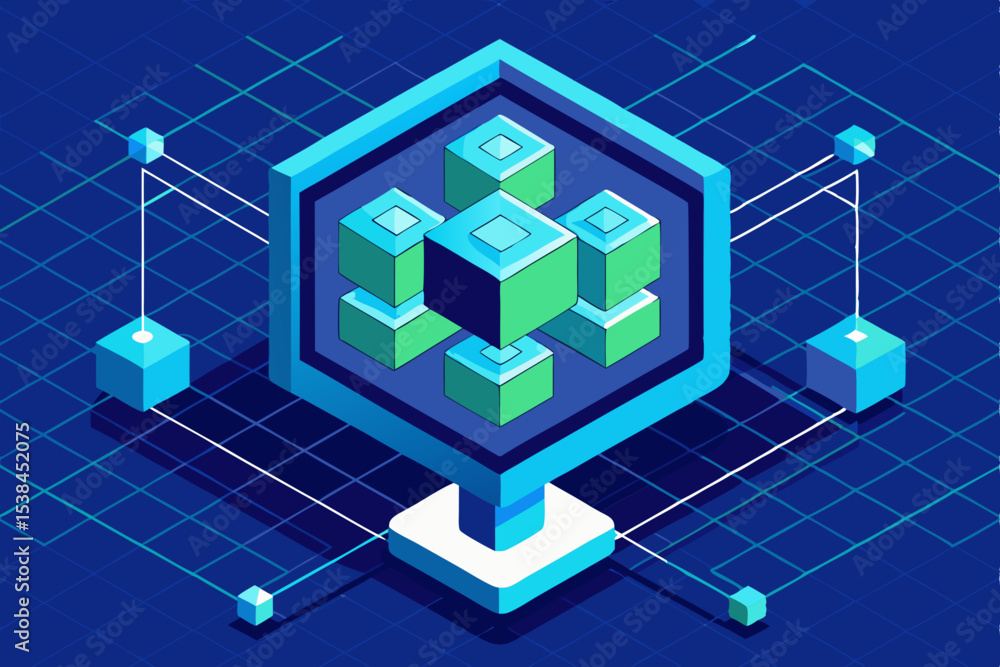Poster isometric data server with connected nodes on a grid background