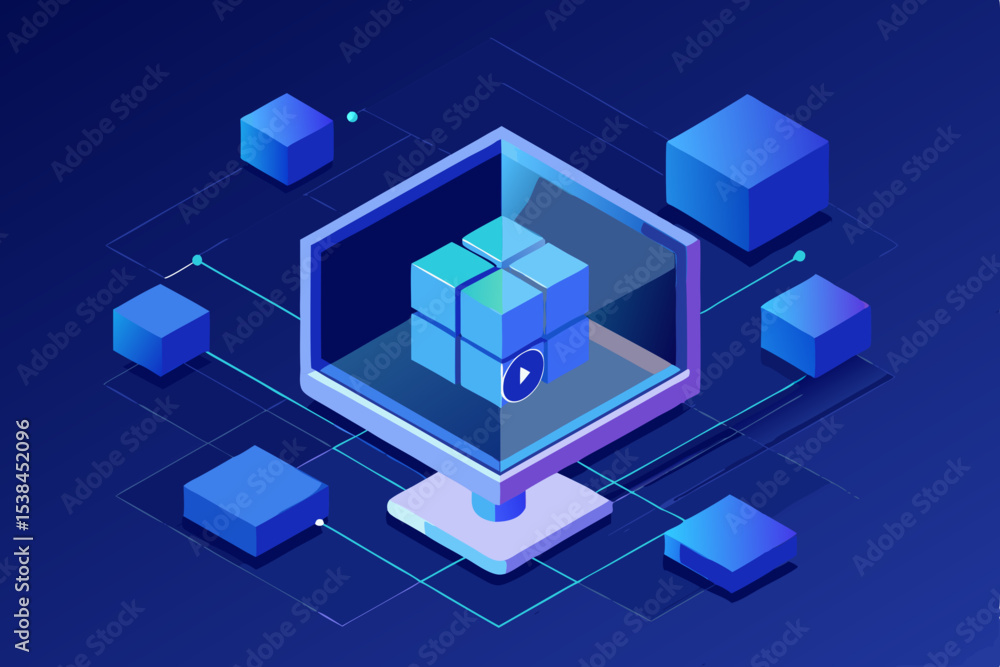 Poster isometric computer screen displaying a cube made of smaller cubes with lines