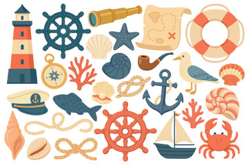 Vector nautical clipart collection with sea creatures, steering wheels, ropes, shells and sailing items. © exxxistence