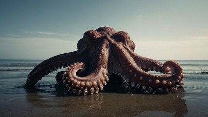 Obraz premium Octopus Resting on Sandy Beach with Ocean Backdrop
