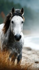 Obraz premium Majestic white horse walking near the misty shore at sunrise in a tranquil natural setting