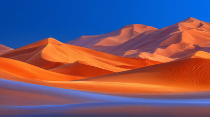 Golden sand dunes sweeping under clear blue sky display mesmerizing natural beauty in desert landscape. Concept of adventure, travel, photography