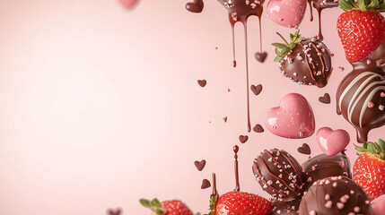 Valentine or dessert concept with pink dripping chocolate, sweets, and berries; ideal for love-themed banners, cafe ads, or confectionery promotional visuals