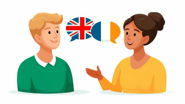 Individuals Engaged in a Conversational Exchange with Language Flags Representing Communication at Home