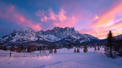 Fototapeta premium Winter wonderland landscape with snow covered mountains at sunset